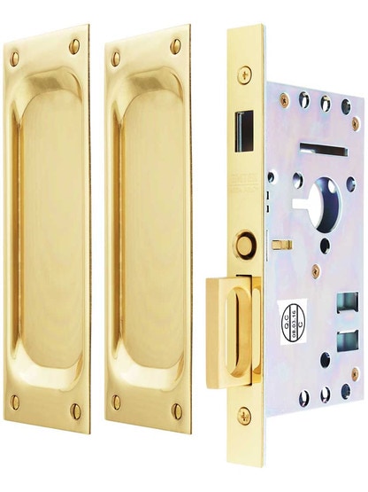 Brass Dummy Pocket Door Mortise Lock Set With Rectangular Pulls In Polished Brass 1 3/8 inch Door Thickness